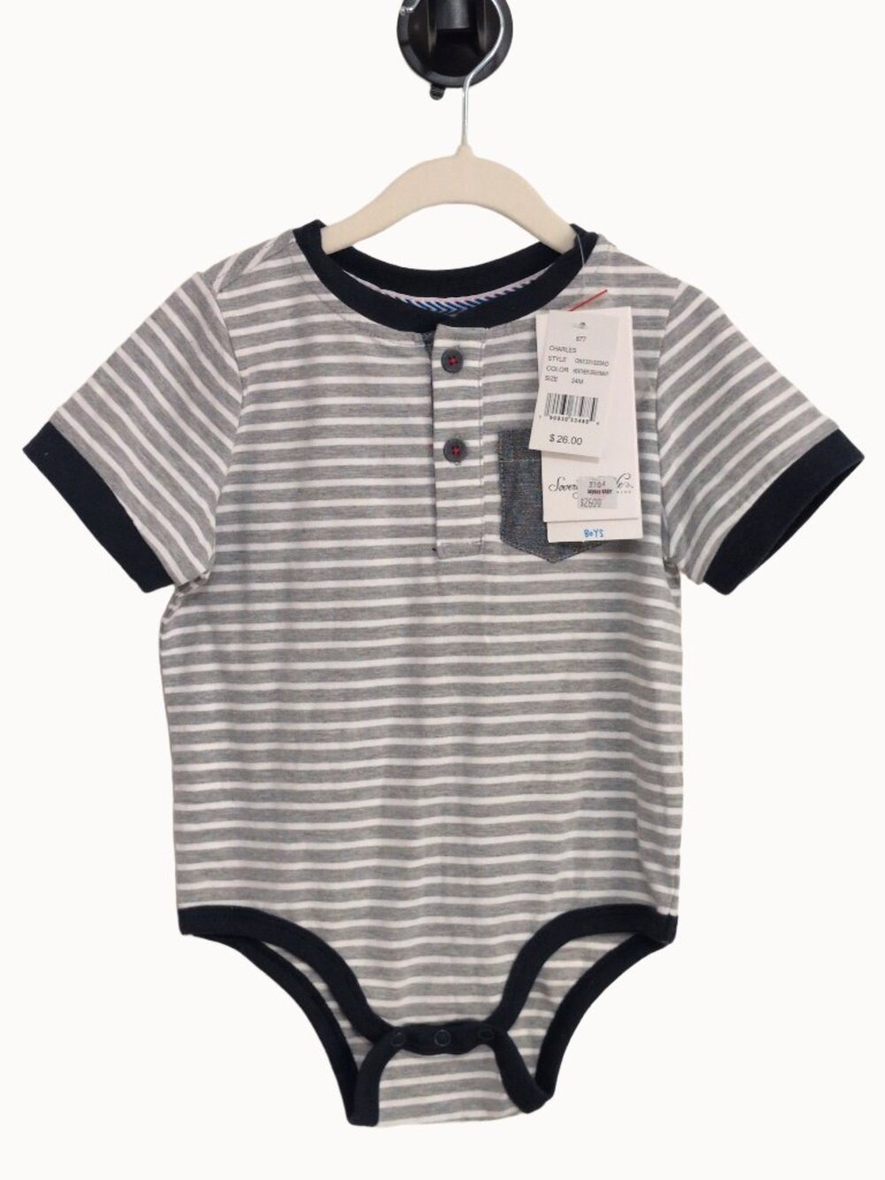 NWT Sovereign Code Baby Boy Henley Bodysuit 24 Months 2 Years Striped Grey White